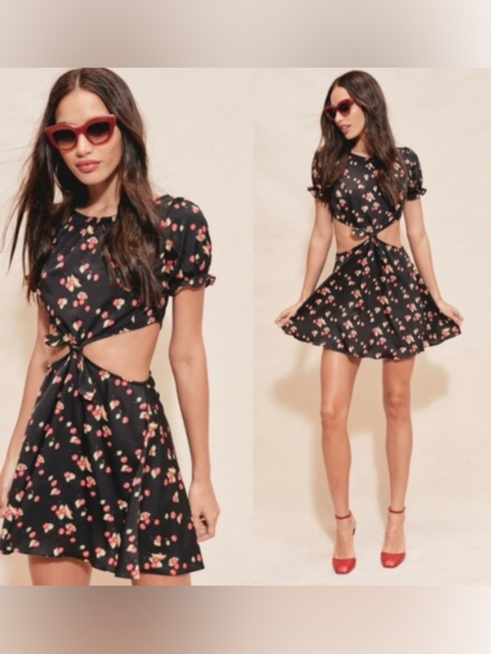 For Love and Lemons Cut Out Waist Sexy Cherry Pattern Crewneck Black Mini Dress